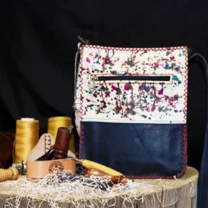 paint splatter black leather sling bag