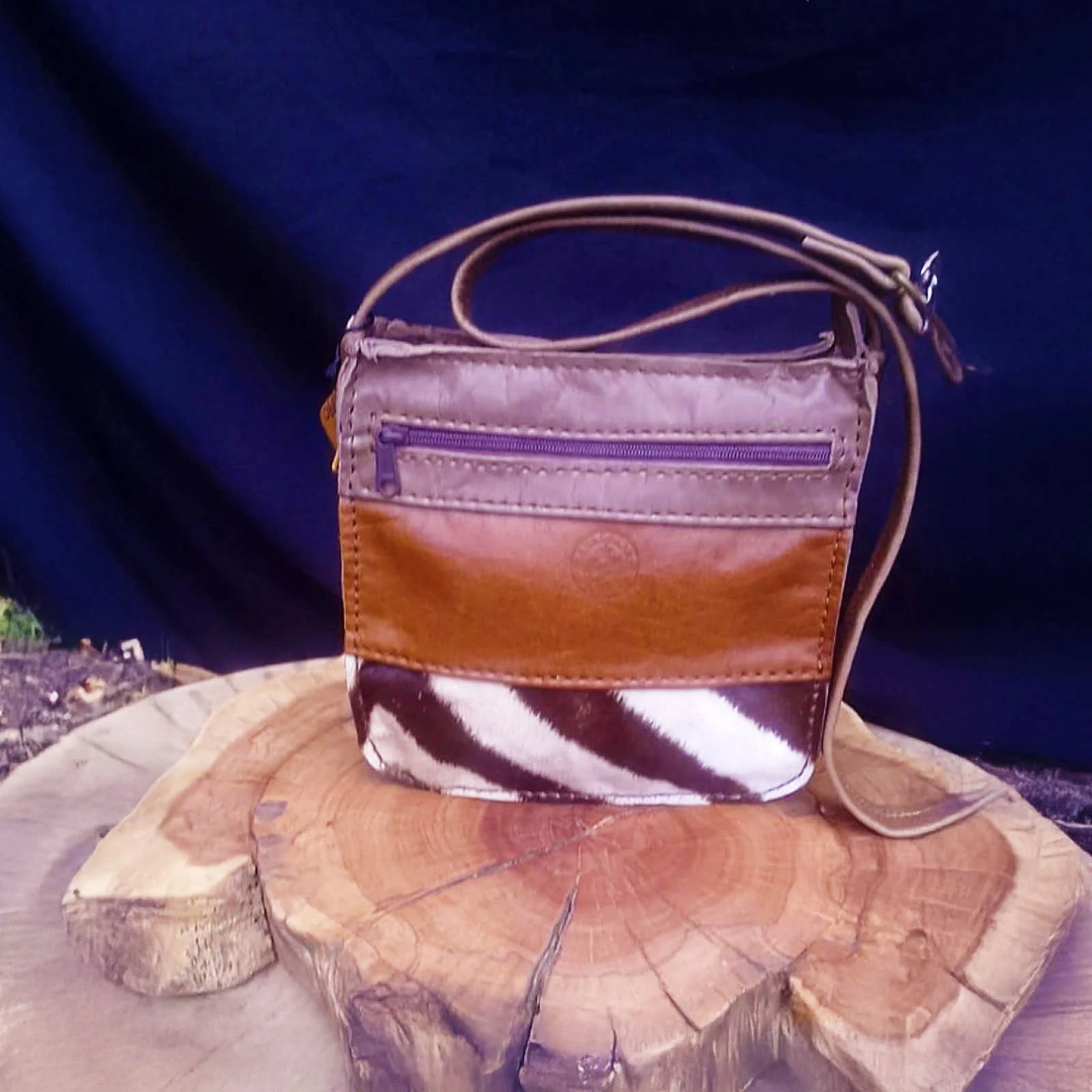 taupe, tan and zebra hide leather sling bag taupe, tan and zebra hide leather sling bag